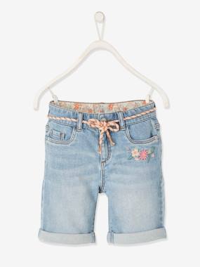 Bermuda Shorts with Embroidered Flowers, for Girls light denim blue