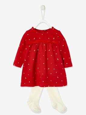 Christmas Outfit: Dress + Tights for Baby Girls dark red/print