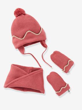 Lined Chapka Hat + Snood + Mittens Set, for Baby Girls pink