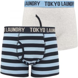 Mens Underwear Newtown 2 (2 Pack) Striped Boxer Shorts Set in Allure Blue / Light Grey Marl - Tokyo Laundry / S - Tokyo Laundry