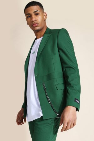 Mens Green Skinny Double Breasted Chain Suit Jacket, Green