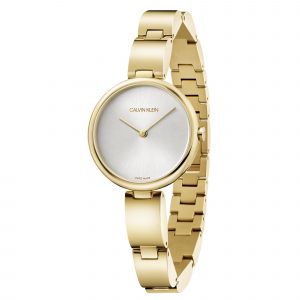 Calvin Klein Wavy Quartz Silver Dial Gold Stainless Steel Bracelet Ladies Watch K9U23546