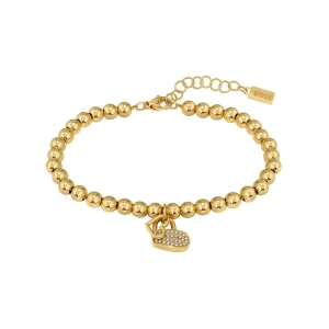 BOSS Women's Signature Heart Charm Beaded Bracelet in Gold Plated Stainless Steel