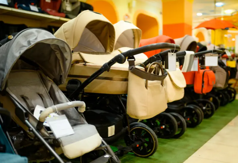 A selection of prams on sale at a UK baby store.