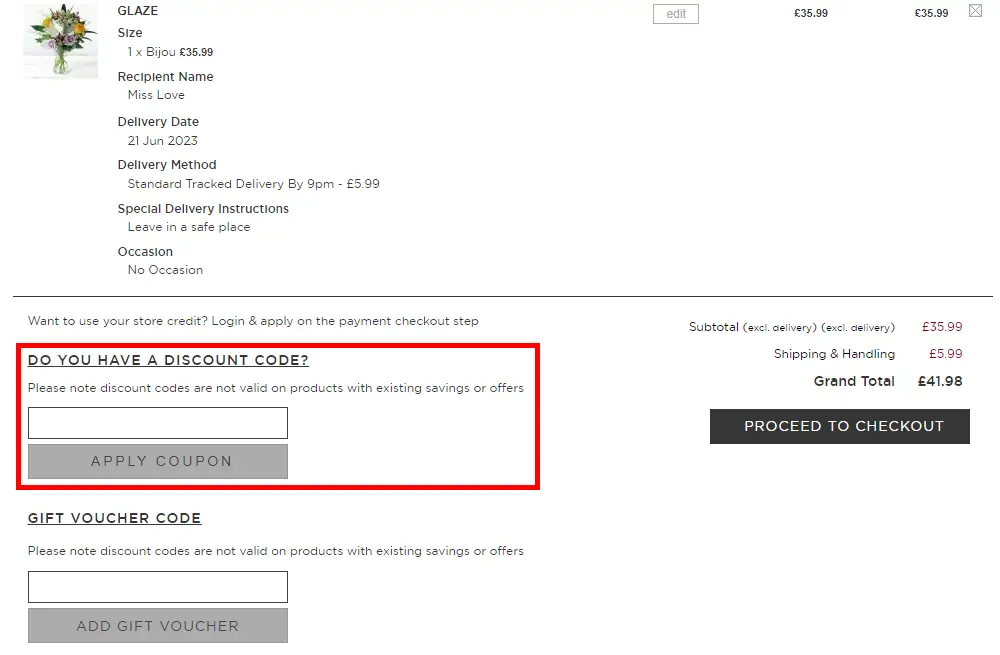 Instructions on how to enter our verified discount code for Appleyard Flowers on appleyardflowers.com