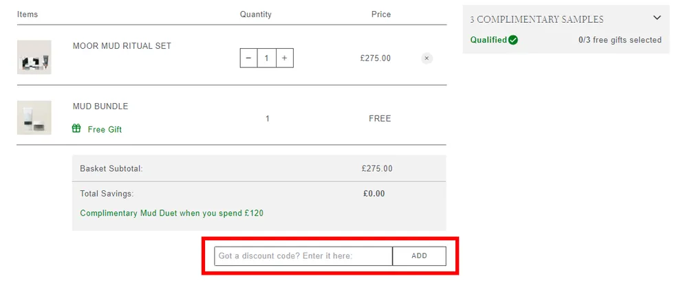 Screenshot showing where to apply a Omorovicza promo code during checkout on www.omorovicza.co.uk.