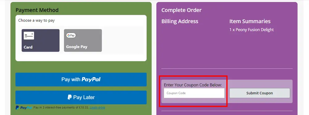Instructions on how to use our Prestige Flowers voucher code at checkout.