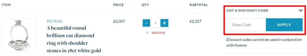 Screenshot showing where to apply a Purely Diamonds promo code at checkout on www.purelydiamonds.co.uk