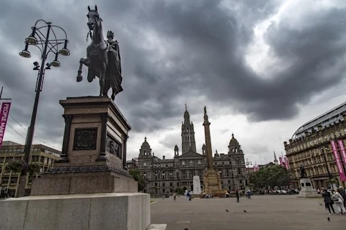 The Cenotaph war memorial in front of the City Chambers in George Square, Glasgow, Scotland