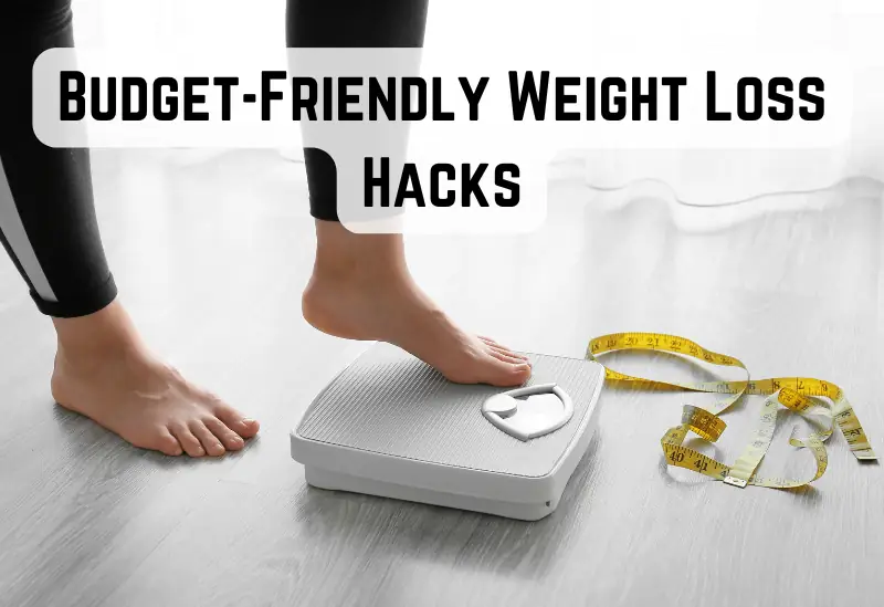 A woman standing on scales, tracking her weight loss progress using cheap ways to create a calorie deficit.