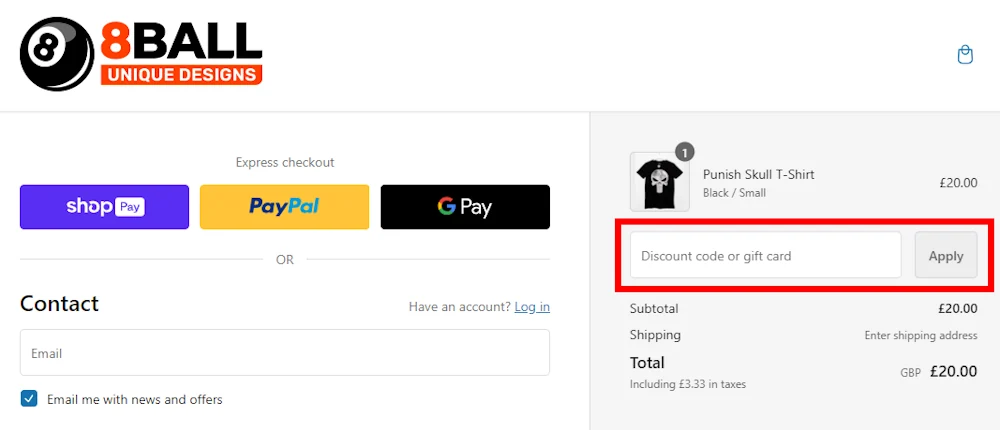 Screenshot showing where to apply a 8ball promo code during checkout on www.8ball.co.uk.