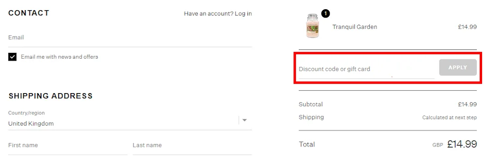 Instructions on how to enter a Candles Direct discount code at checkout on candlesdirect.com
