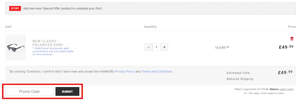 Screenshot showing where to apply a Hawkers promo code during checkout on www.hawkersco.com.