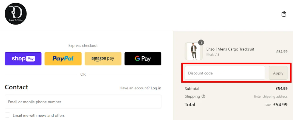 Instructions on how to enter a Raw Denim discount code at checkout
