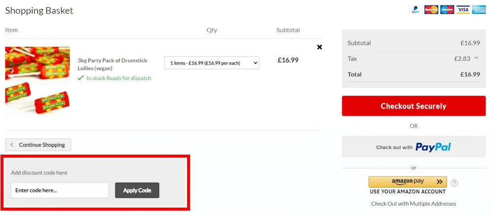 Image on how to enter a Swizzels discount code on www.swizzels.com