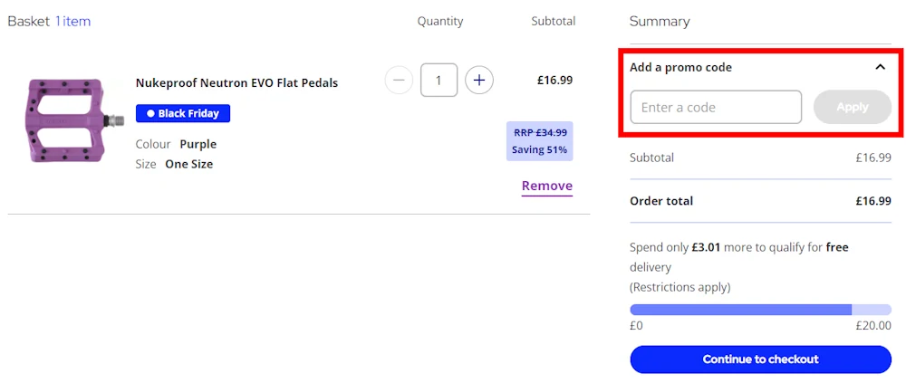Screenshot showing where to apply a Chain Reaction promo code during checkout on www.chainreactioncycles.com.