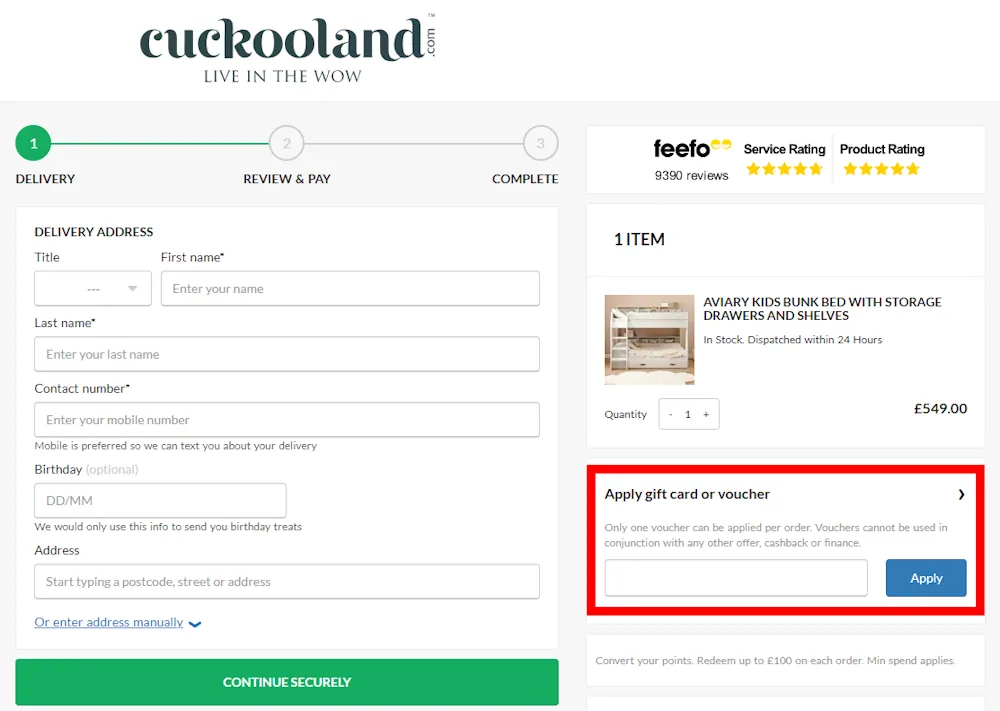 Screenshot showing where to apply a Cuckooland promo code during checkout on www.cuckooland.com.