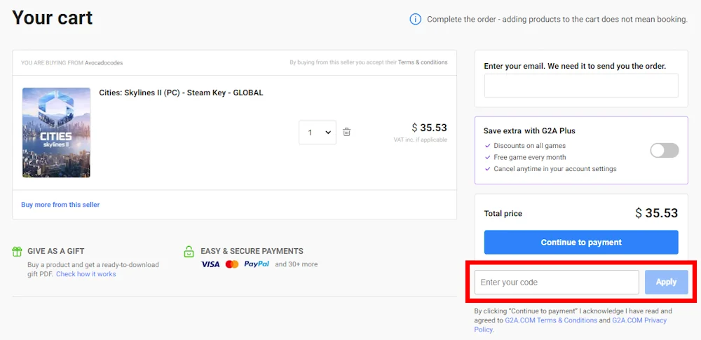 How to enter a G2A voucher code in the checkout area on g2a.com