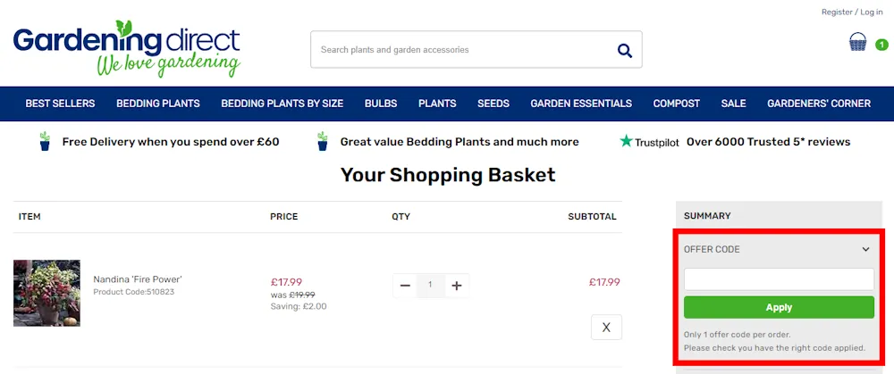 Instructions on how to enter a Gardening Direct discount code at checkout