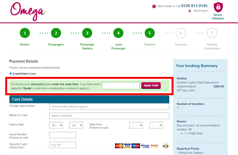 Instructions on how to enter a Omega Breaks discount code at checkout