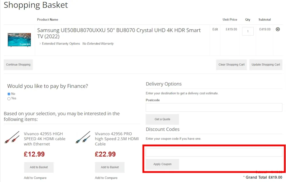 Screenshot showing where to apply a PRC Direct promo code during checkout on prcdirect.co.uk.