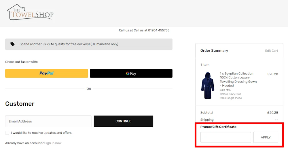 Screenshot showing where to apply a The Towel Shop code at checkout on www.thetowelshop.co.uk.