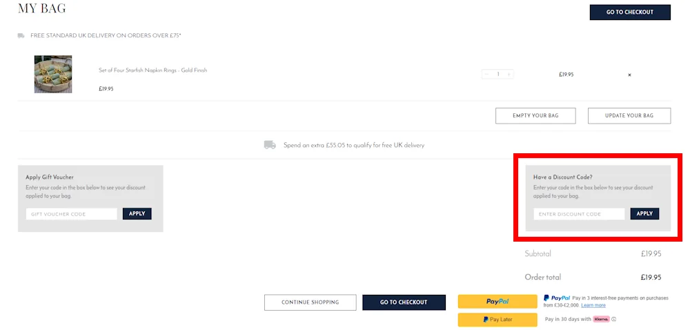 Screenshot showing where to apply a Culinary Concepts promo code during checkout on culinaryconcepts.co.uk.