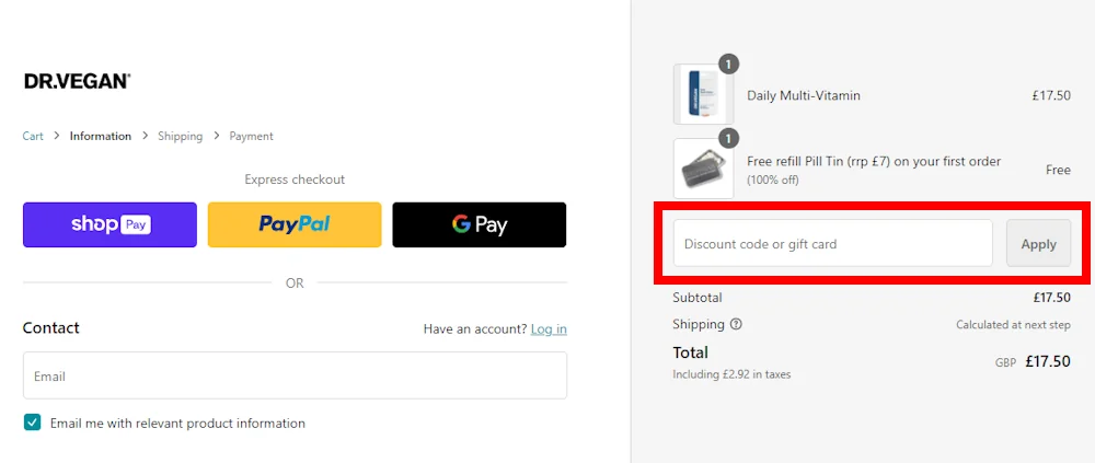 Screenshot showing where to apply a DR.VEGAN promo code during checkout on drvegan.com.