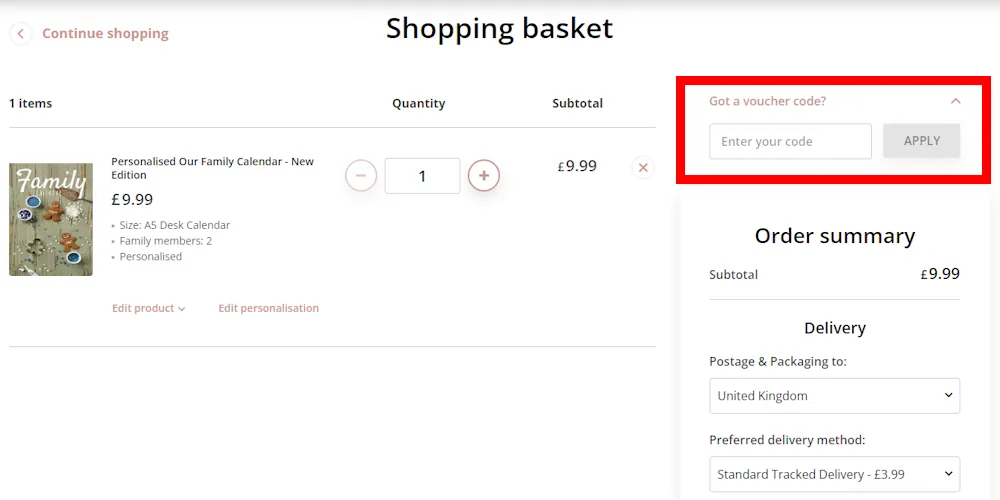 Instructions on how to enter a Getting Personal voucher code at checkout on gettingpersonal.co.uk