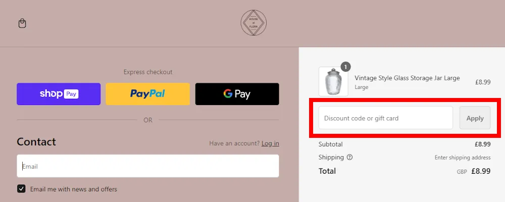 How to enter a House of Flora voucher code in the checkout area on house-of-flora.com