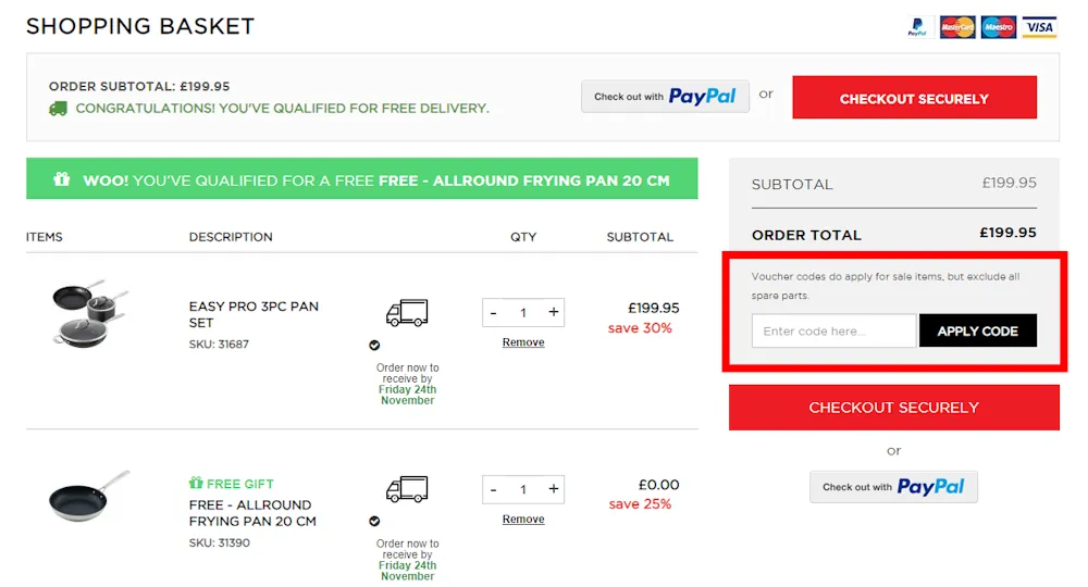 Instructions on how to enter a Kuhn Rikon discount code at checkout on kuhnrikon.co.uk