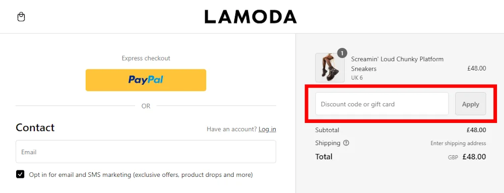 Screenshot showing where to apply a LAMODA promo code during checkout on lamoda.co.uk.