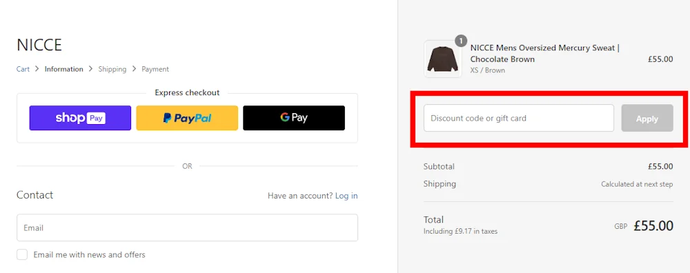 Screenshot showing where to apply a NICCE promo code during checkout on nicceclothing.com
