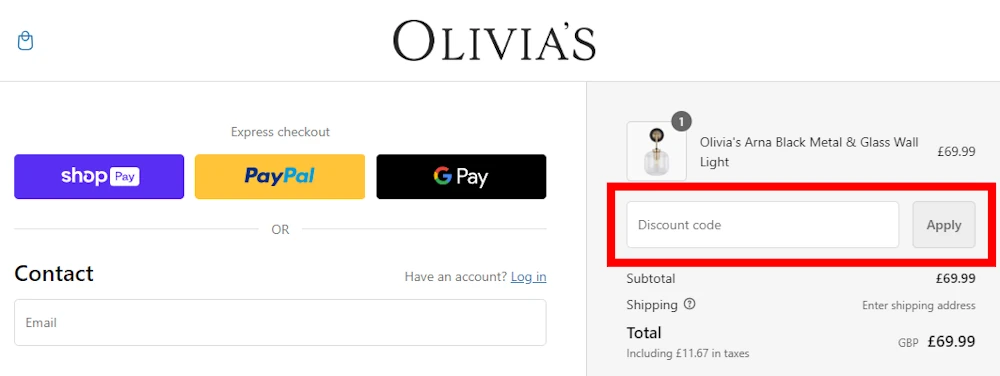Instructions on how to enter a Olivia's discount code at checkout on olivias.com