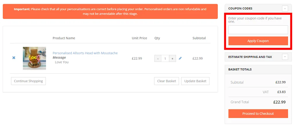 Instructions on how to enter a Personalise.co.uk discount code at checkout 