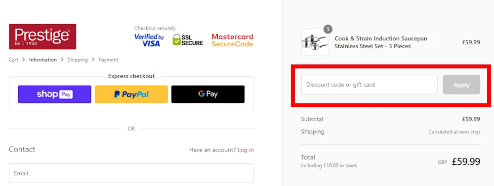 Instructions on how to enter a Prestige discount code at checkout 
