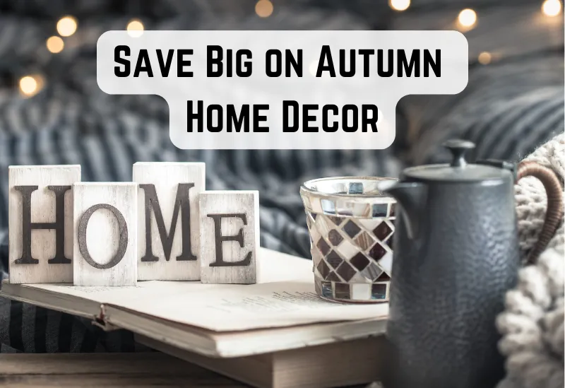 A cozy autumn-themed living room with discounted seasonal décor items.
