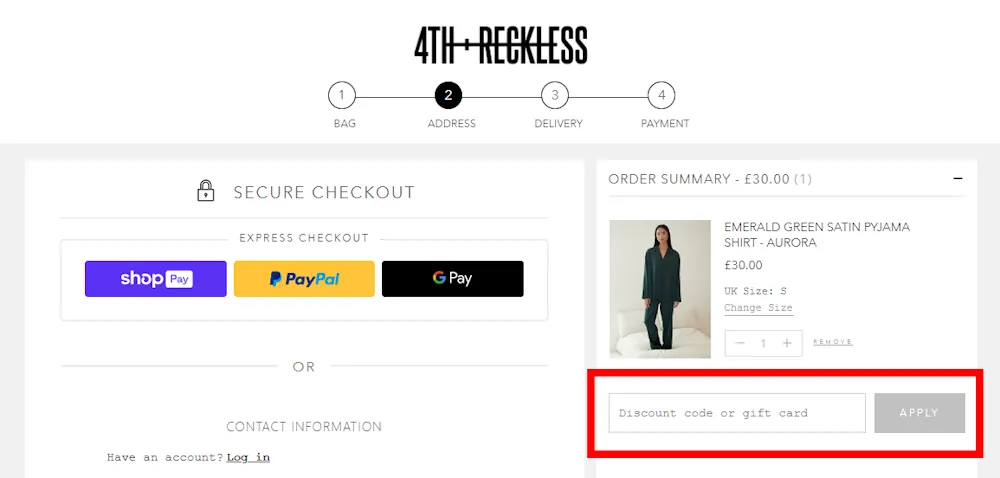 Screenshot showing where to apply a 4th & Reckless code at checkout on 4thandreckless.com.