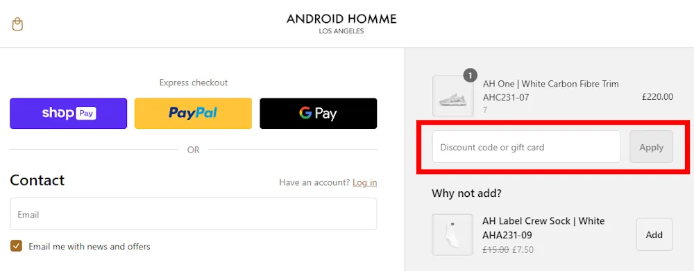 Instructions on how to enter our verified discount code for Android Homme on androidhomme.com