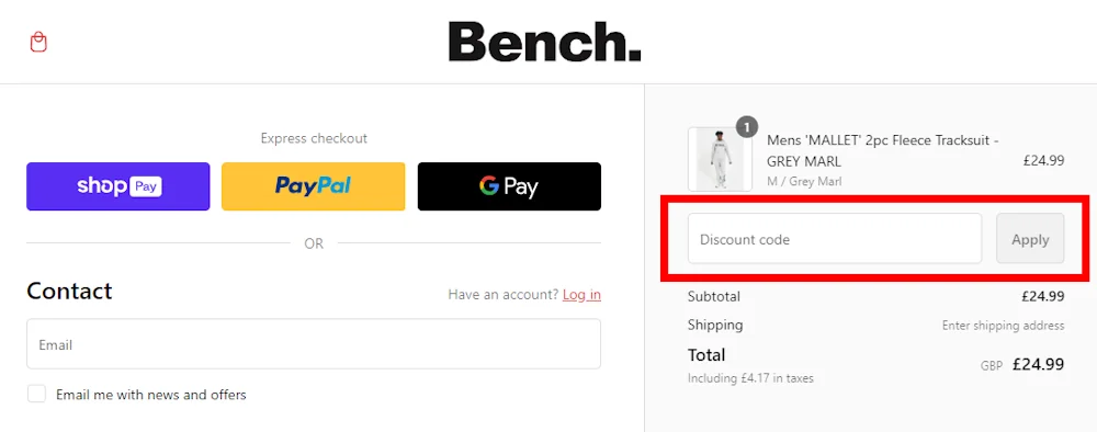 Instructions on how to enter a Bench discount code at checkout