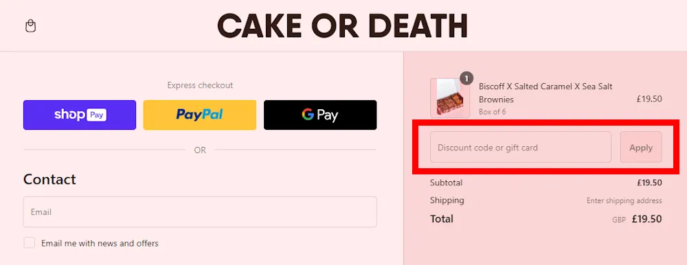 Image of where to enter a Cake or Death voucher code on cakeordeath.co.uk