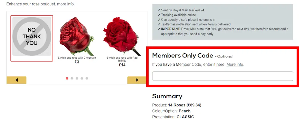 Screenshot showing where to apply a InterROSE promo code during checkout on www.interrose.co.uk.