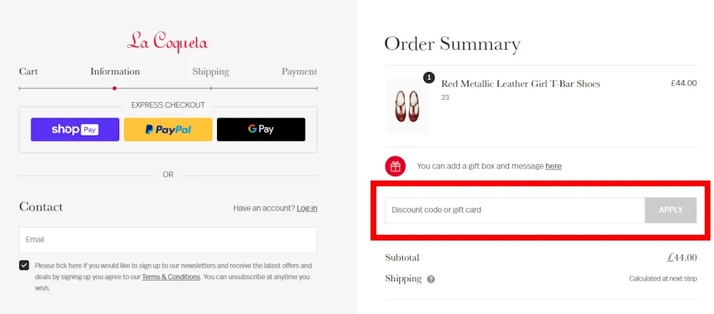 Verified instructions on how to enter our La Coqueta voucher code on www.lacoquetakids.com.