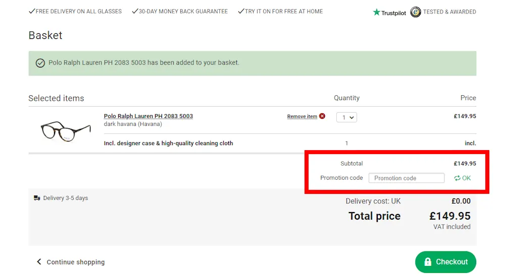 Screenshot showing where to apply a Mister Spex promo code during checkout on www.misterspex.co.uk.