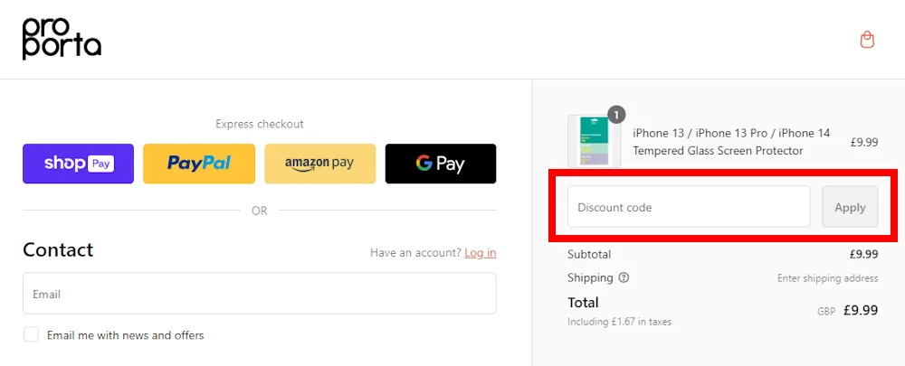 Screenshot showing where to apply a Proporta promo code during checkout on www.proporta.co.uk.