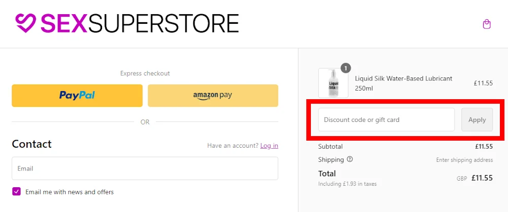 Instructions how to enter a discount code for Sex Superstore on www.sexsuperstore.co.uk