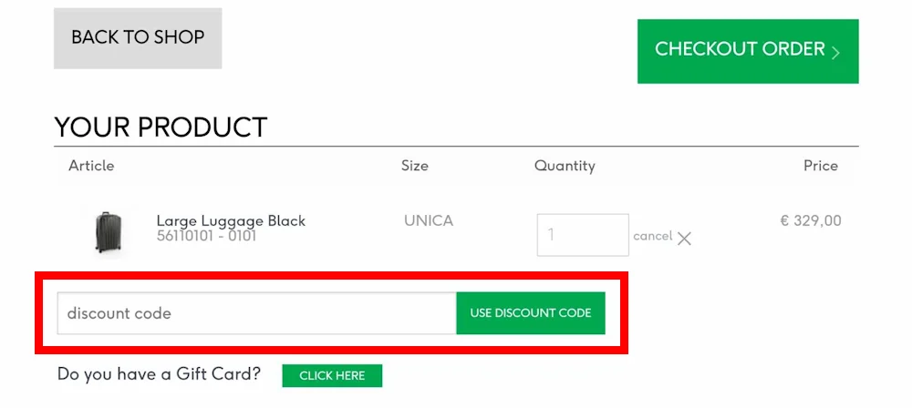 Instructions on how to enter a Valigeria Roncato discount code at checkout on roncato.com