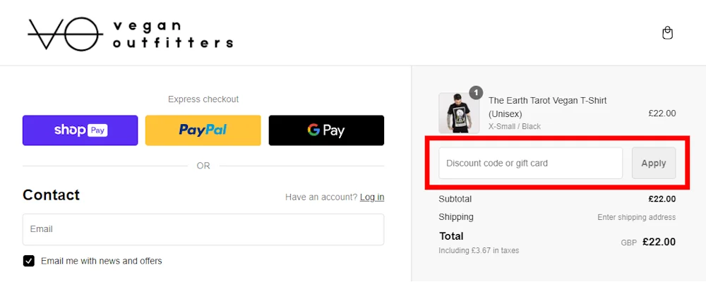 Instructions on how to enter a working Vegan Outfitters discount code on veganoutfitters.com