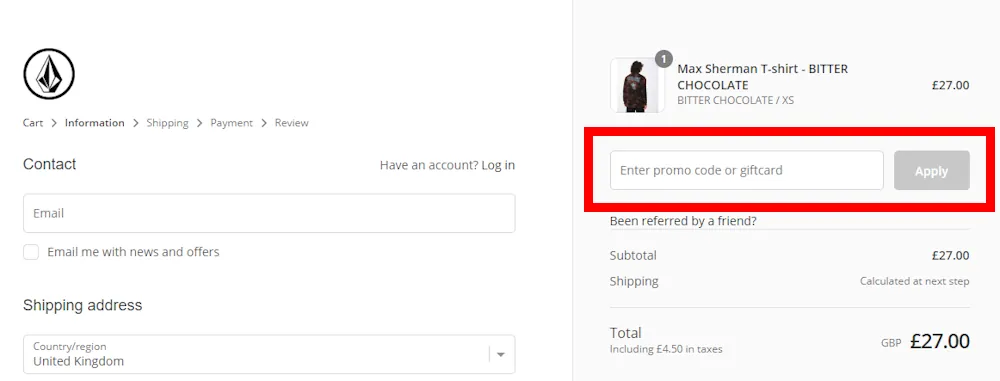 Screenshot showing where to apply a Volcom promo code during checkout on www.volcom.co.uk.