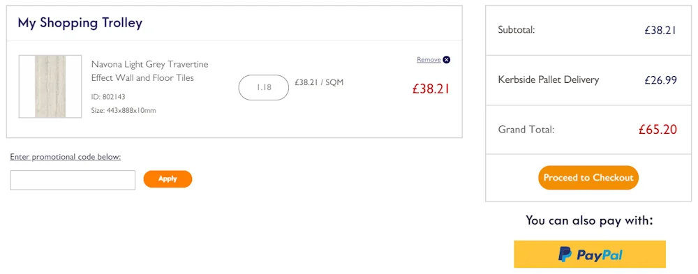 Screenshot showing where to apply a Walls and Floors promo code during checkout on www.wallsandfloors.co.uk.